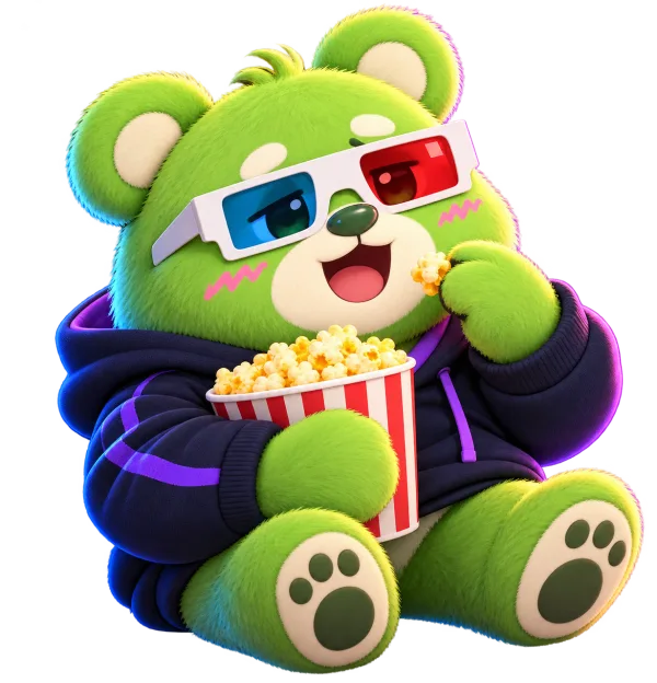 후드티와 적청 3D 안경을 쓰고 팝콘을 먹는 초록색 곰대리 캐릭터